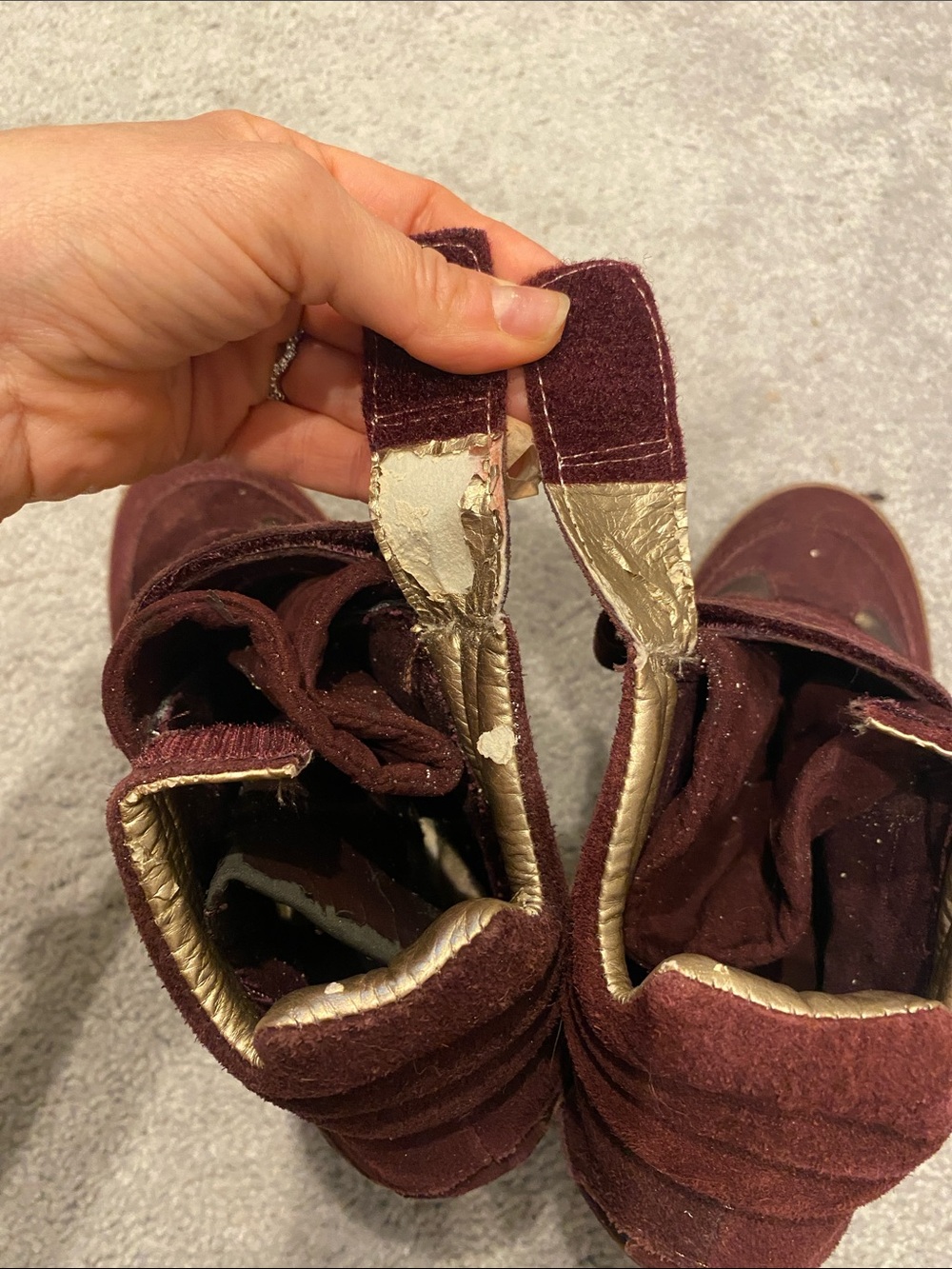 Steve Madden Burgundy Suede Wedge Sneaker with Gold Accent - Picture 3 of 5
